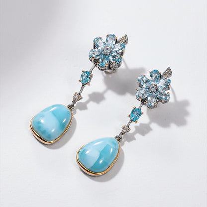 925 Sterling Silver Larimar Blue Flower Earrings