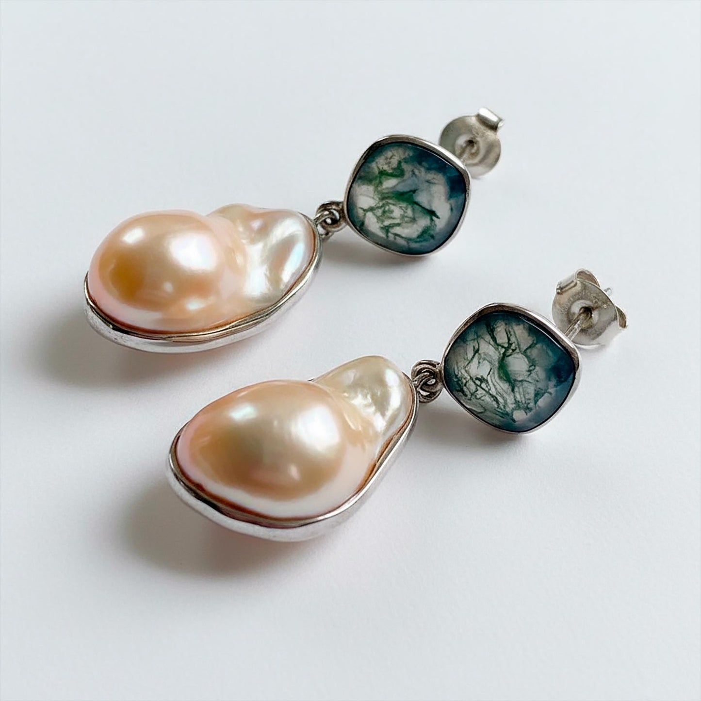 925 Sterling Silver Pearl Moss Agate Statement Earrings