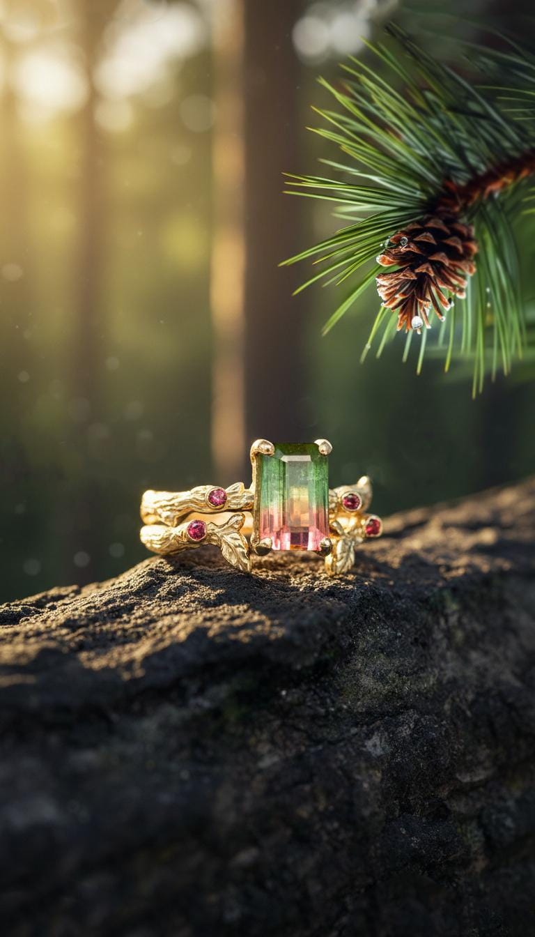14K Solid Gold Watermelon Tourmaline Ring Set