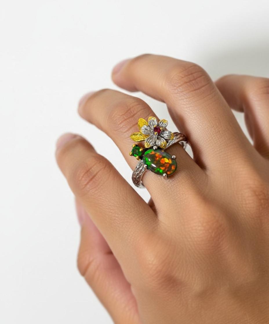 925 Sterling Silver Opal Branch Ring