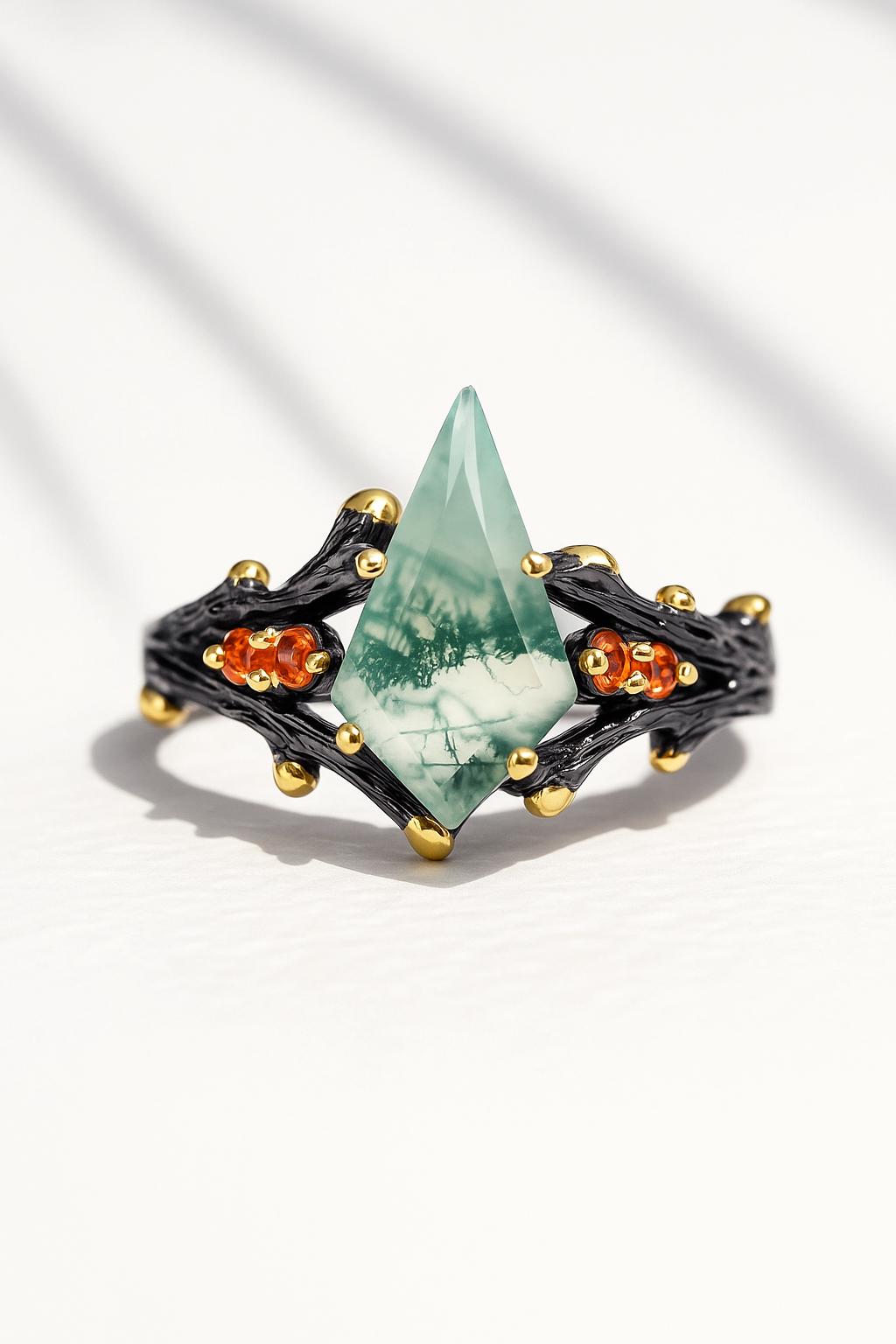925 Sterling Silver Kite Moss Agate Ring