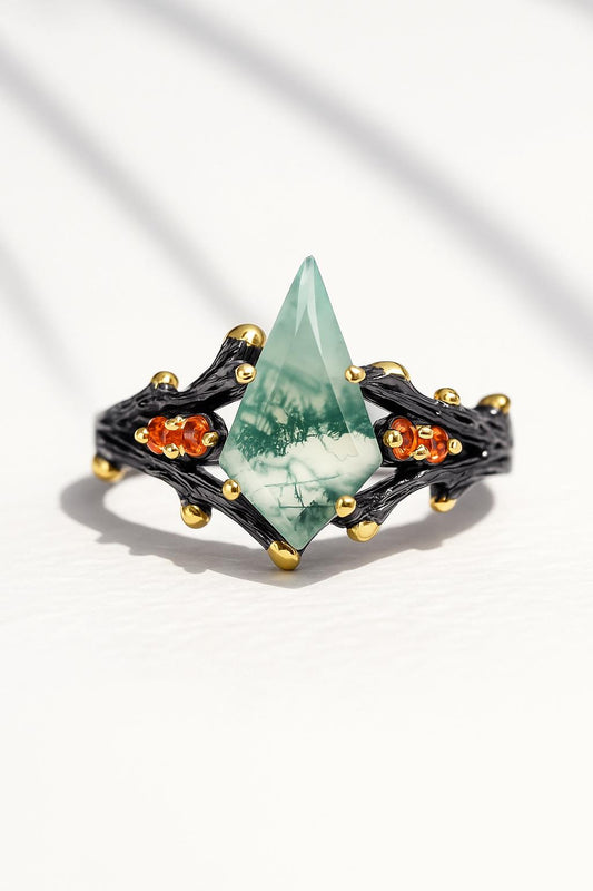 925 Sterling Silver Kite Moss Agate Ring