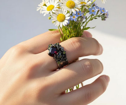 925 Sterling Silver Garnet Wide Band Ring