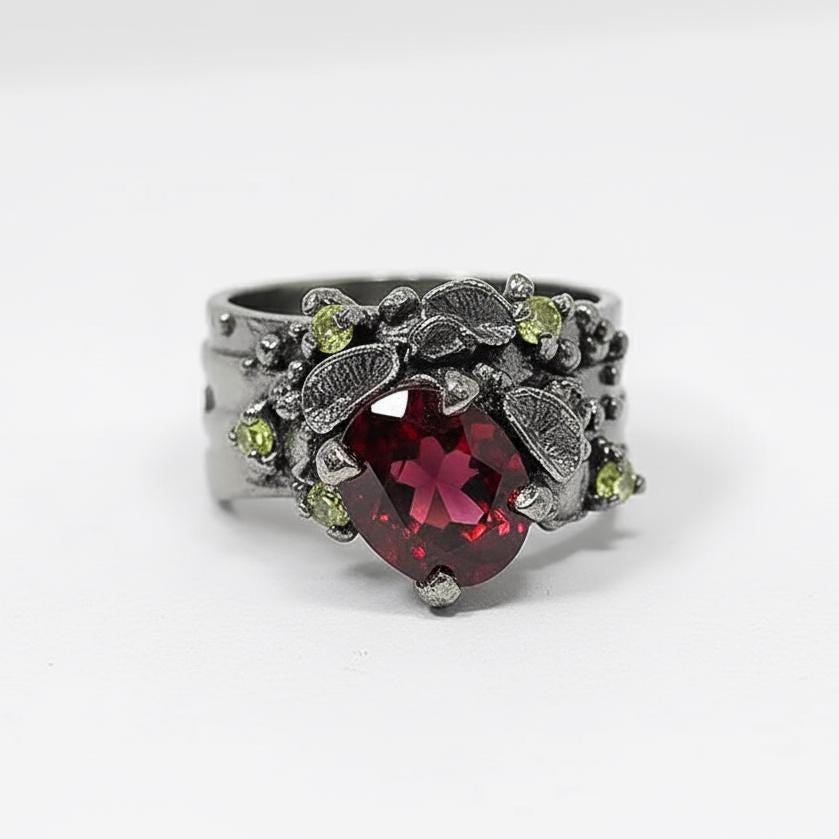 925 Sterling Silver Garnet Wide Band Ring
