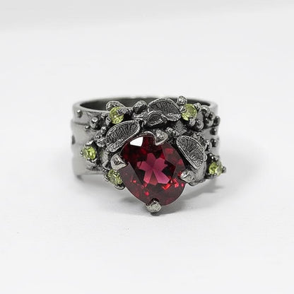 925 Sterling Silver Garnet Wide Band Ring
