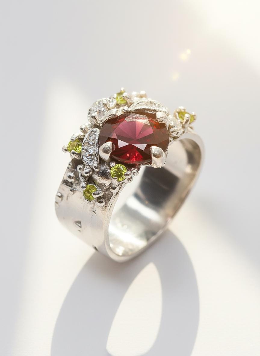925 Sterling Silver Garnet Wide Band Ring
