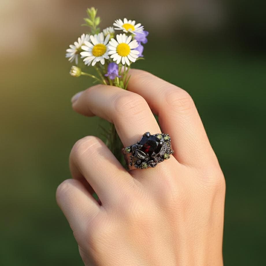 925 Sterling Silver Garnet Wide Band Ring