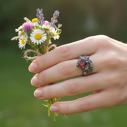 925 Sterling Silver Garnet Wide Band Ring
