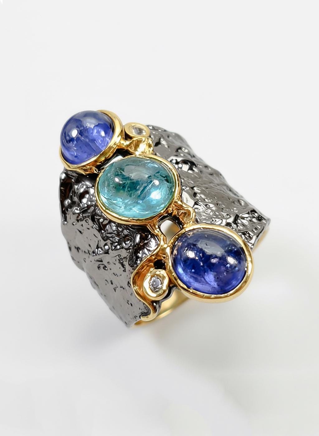 925 Sterling Silver Tanzanite Apatite Wide Ring