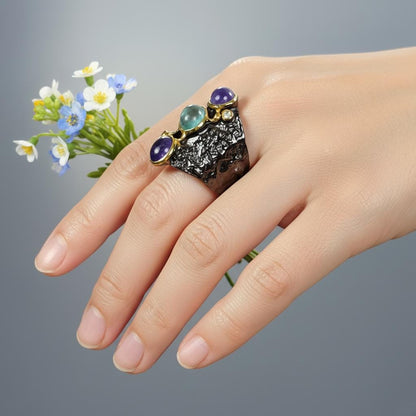 925 Sterling Silver Tanzanite Apatite Wide Ring