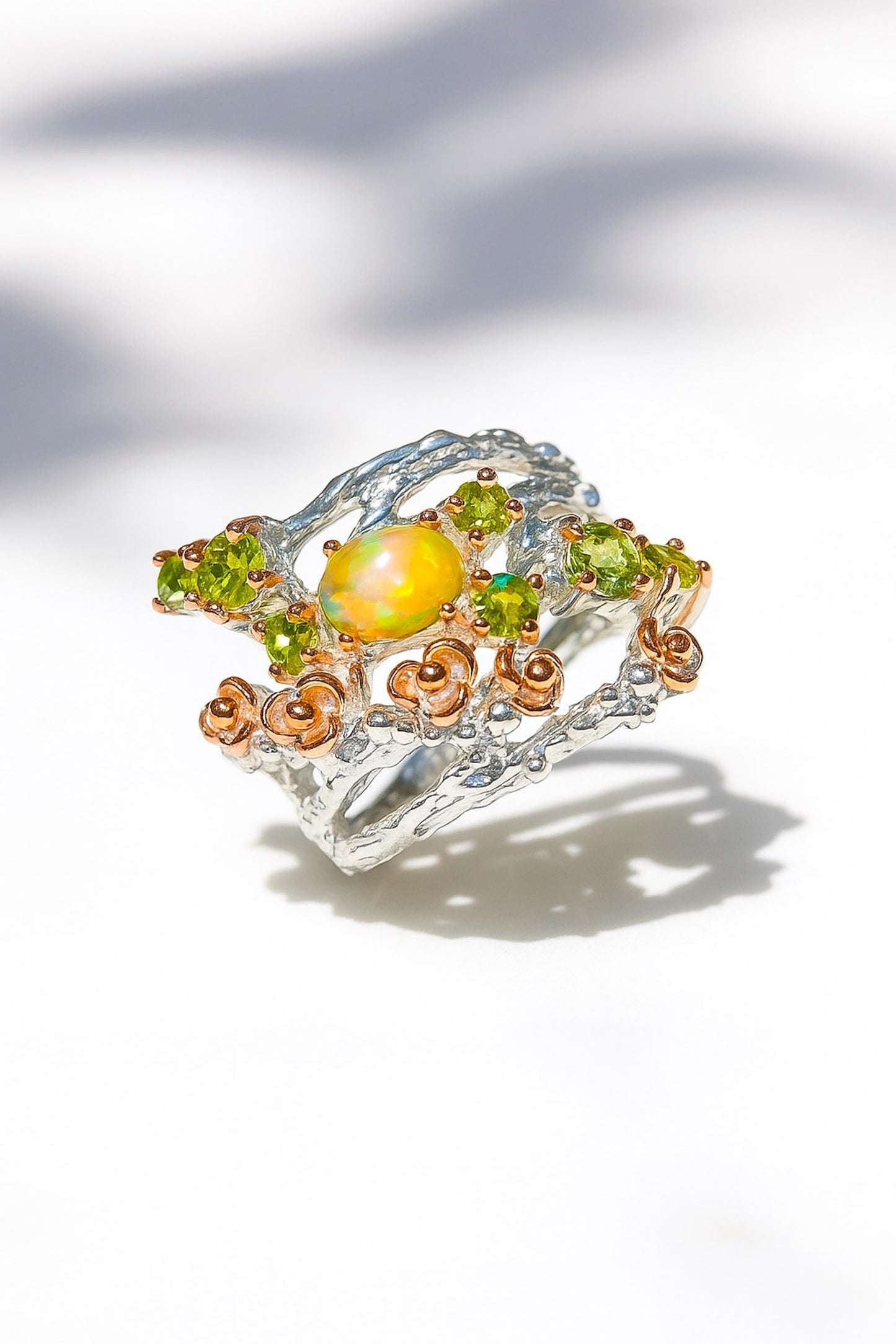 925 Sterling Silver Rainbow Opal Branch Ring