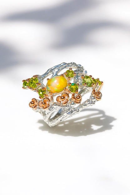 925 Sterling Silver Rainbow Opal Branch Ring