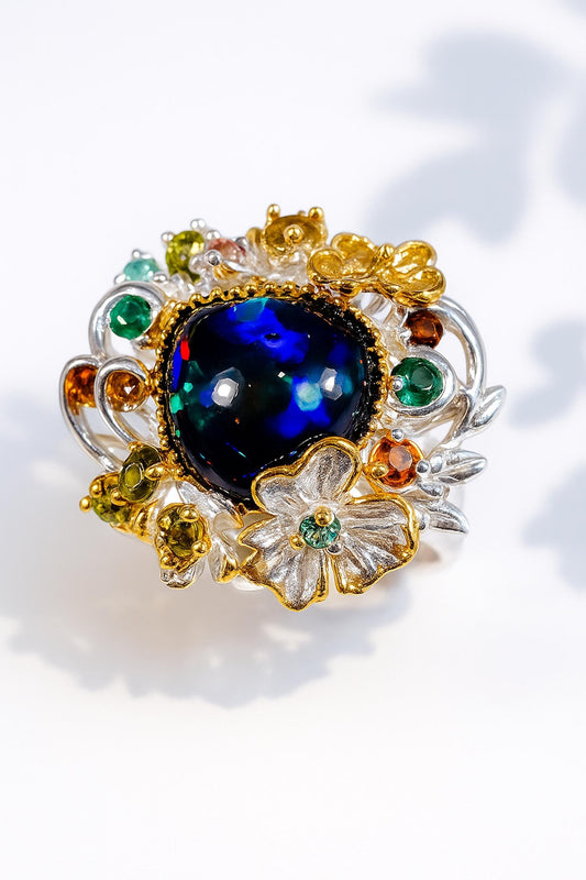 925 Sterling Silver Black Opal Flower Ring