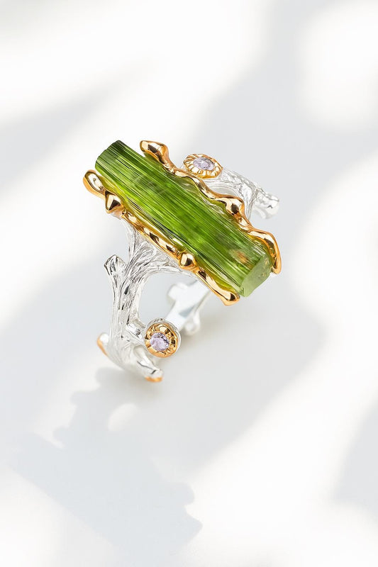 925 Sterling Silver Raw Tourmaline Branch Ring
