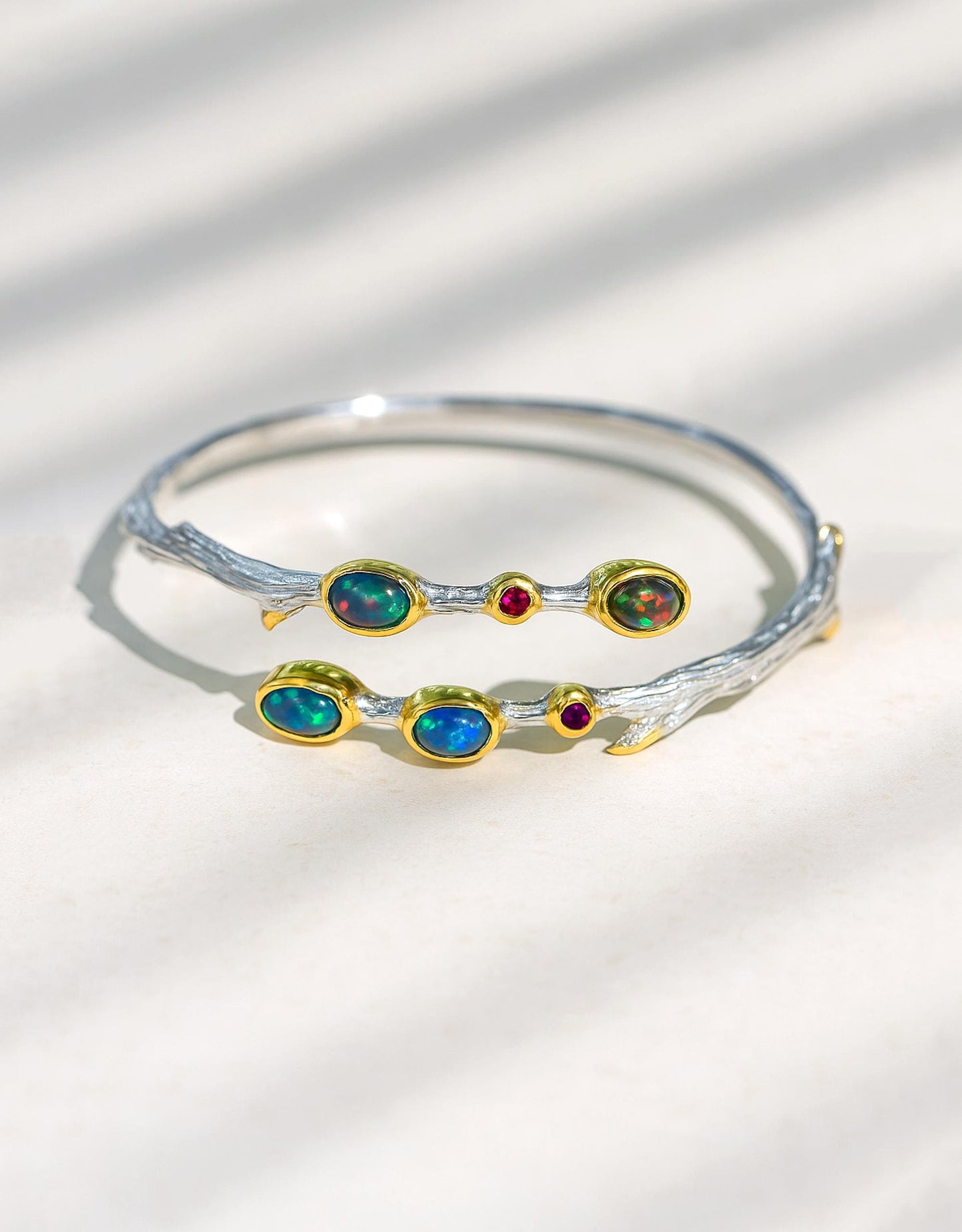 925 Sterling Silver Black Opal Branch Cuff Bracelet