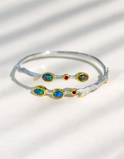 925 Sterling Silver Black Opal Branch Cuff Bracelet