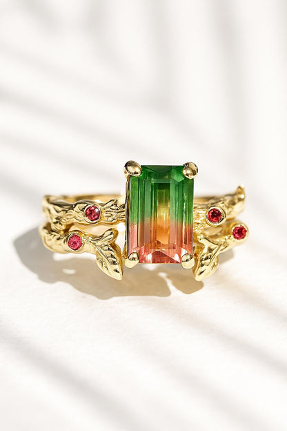 14K Solid Gold Watermelon Tourmaline Ring Set
