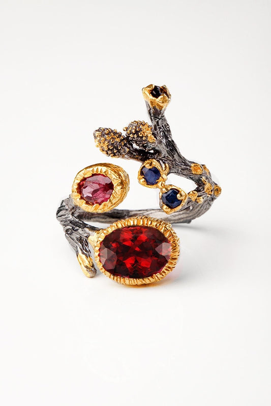 925 sterling silver red garnet black branch ring