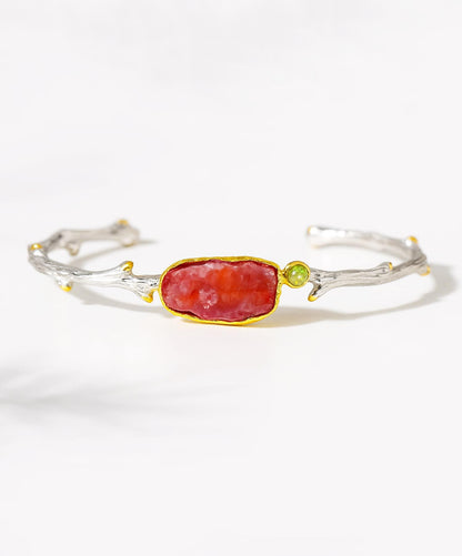 925 Sterling Silver Raw Pink Ruby Cuff Bracelet