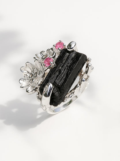 925 Sterling Silver Raw Black Tourmaline Flower Ring