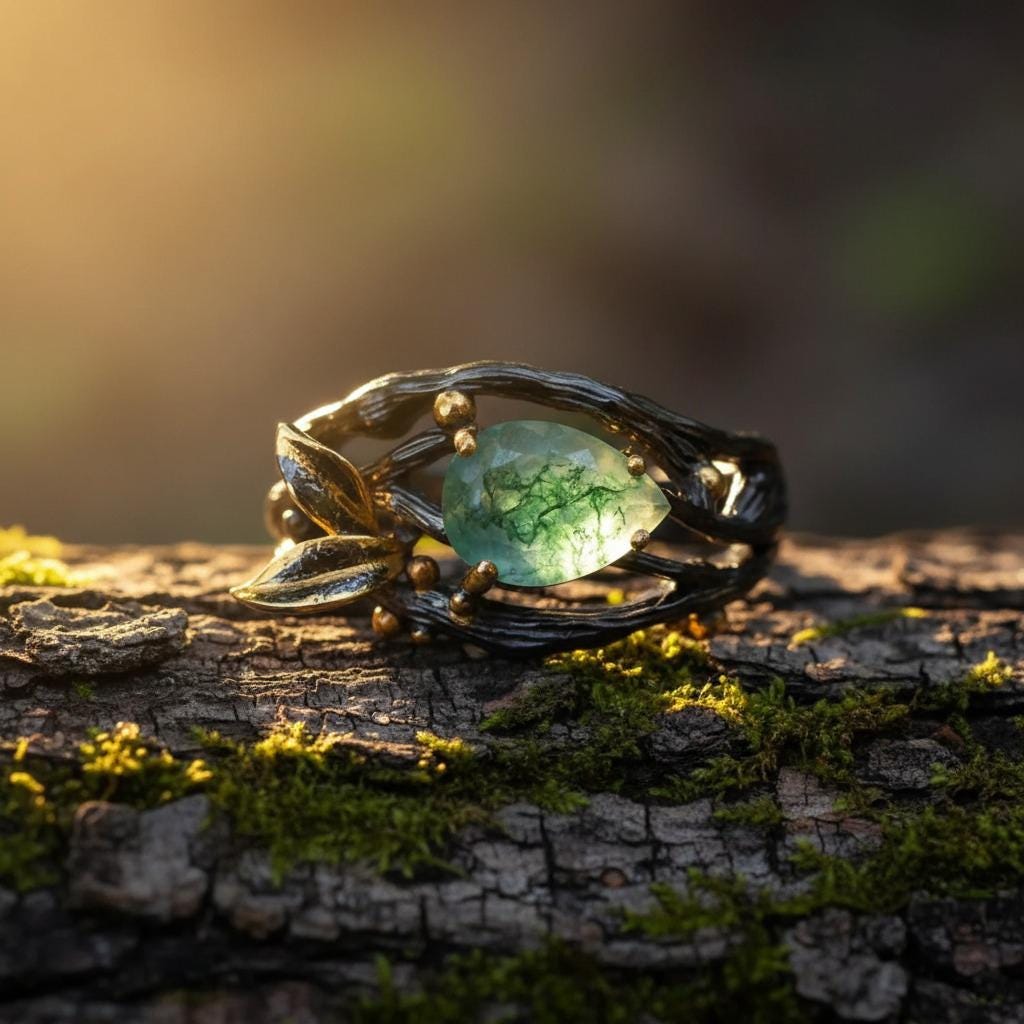 925 Sterling Silver Moss Agate Kite Ring Set