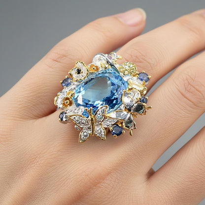 925 Sterling Silver Blue Topaz Flower Ring