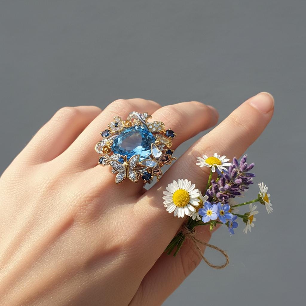 925 Sterling Silver Blue Topaz Flower Ring