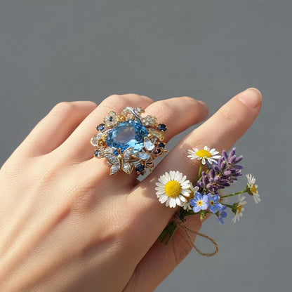 925 Sterling Silver Blue Topaz Flower Ring