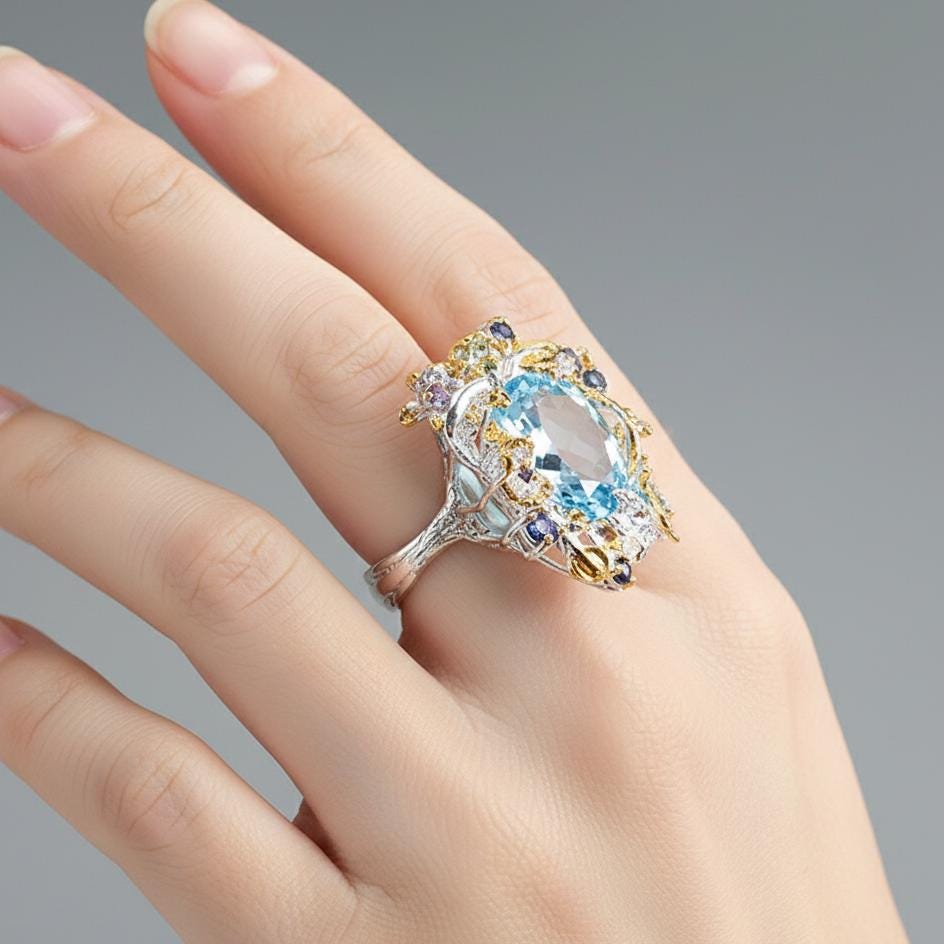 925 Sterling Silver Blue Topaz Flower Ring