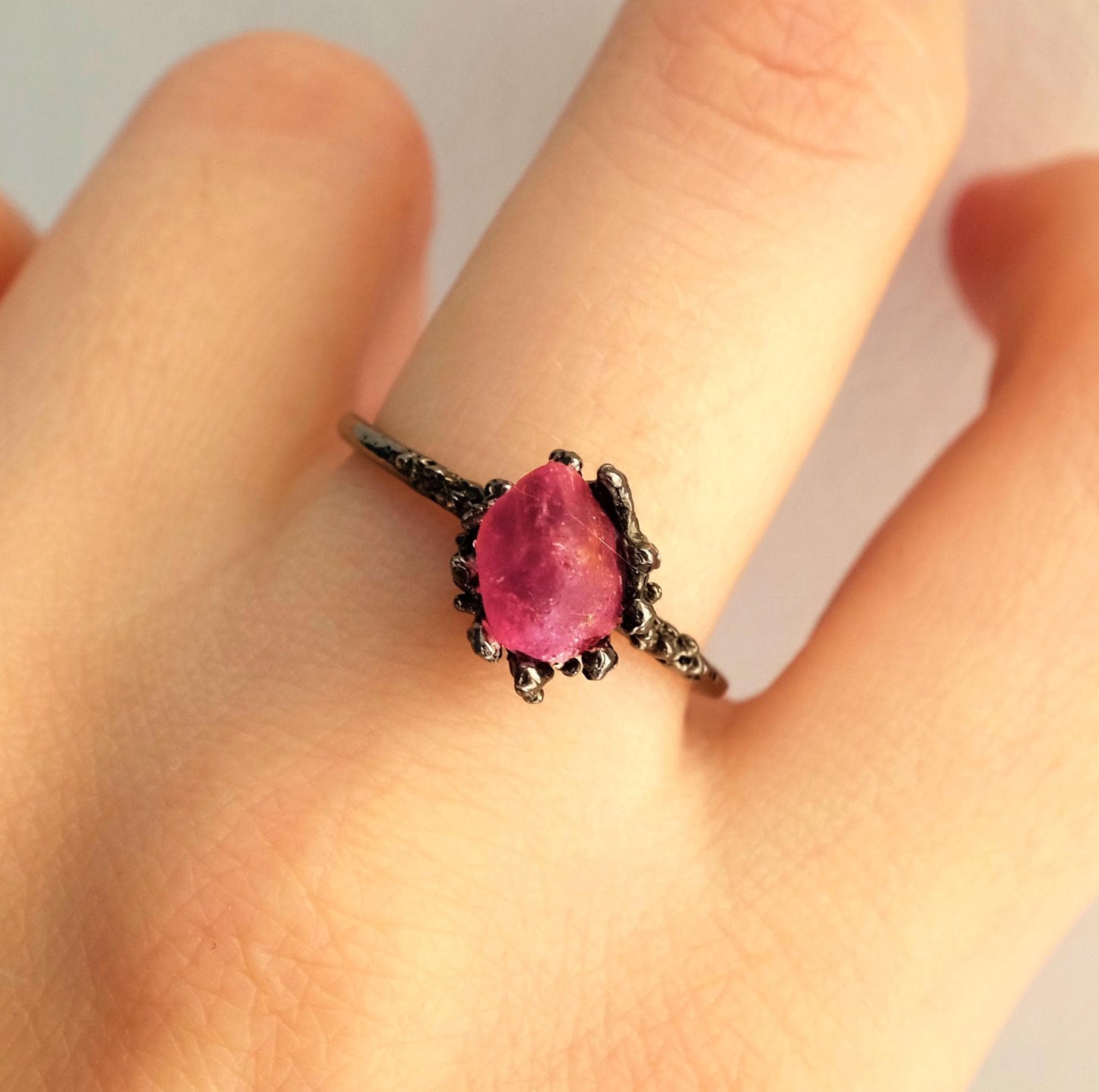 925 Sterling Silver Raw Pink Tourmaline Gothic Ring