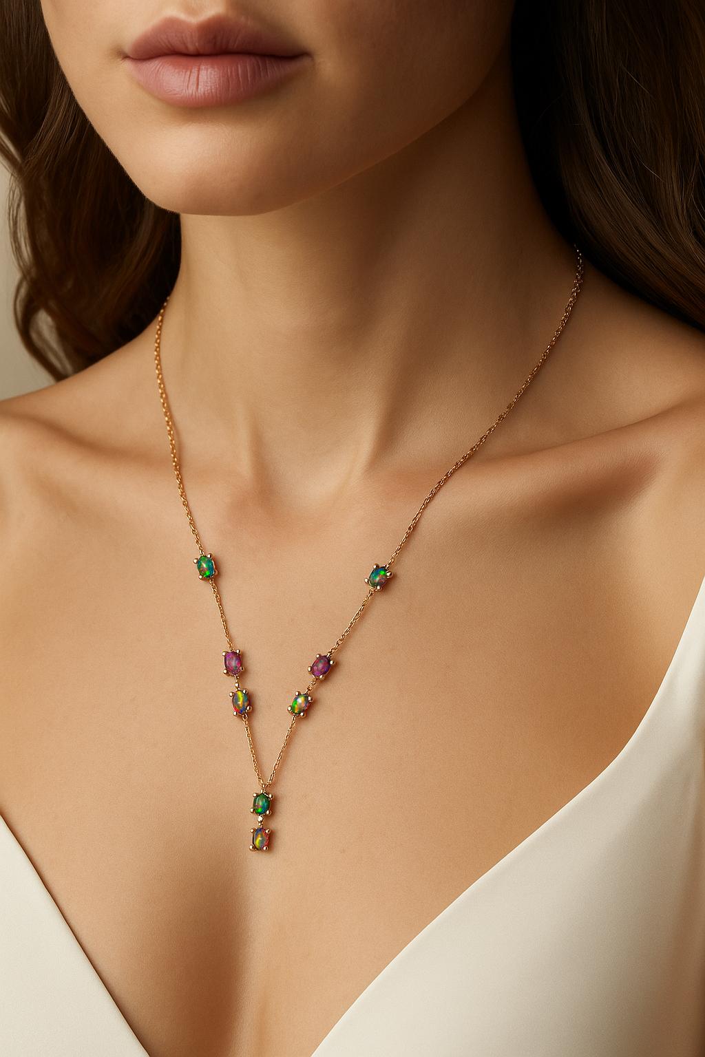 925 Sterling Silver Black Opal Y Necklace