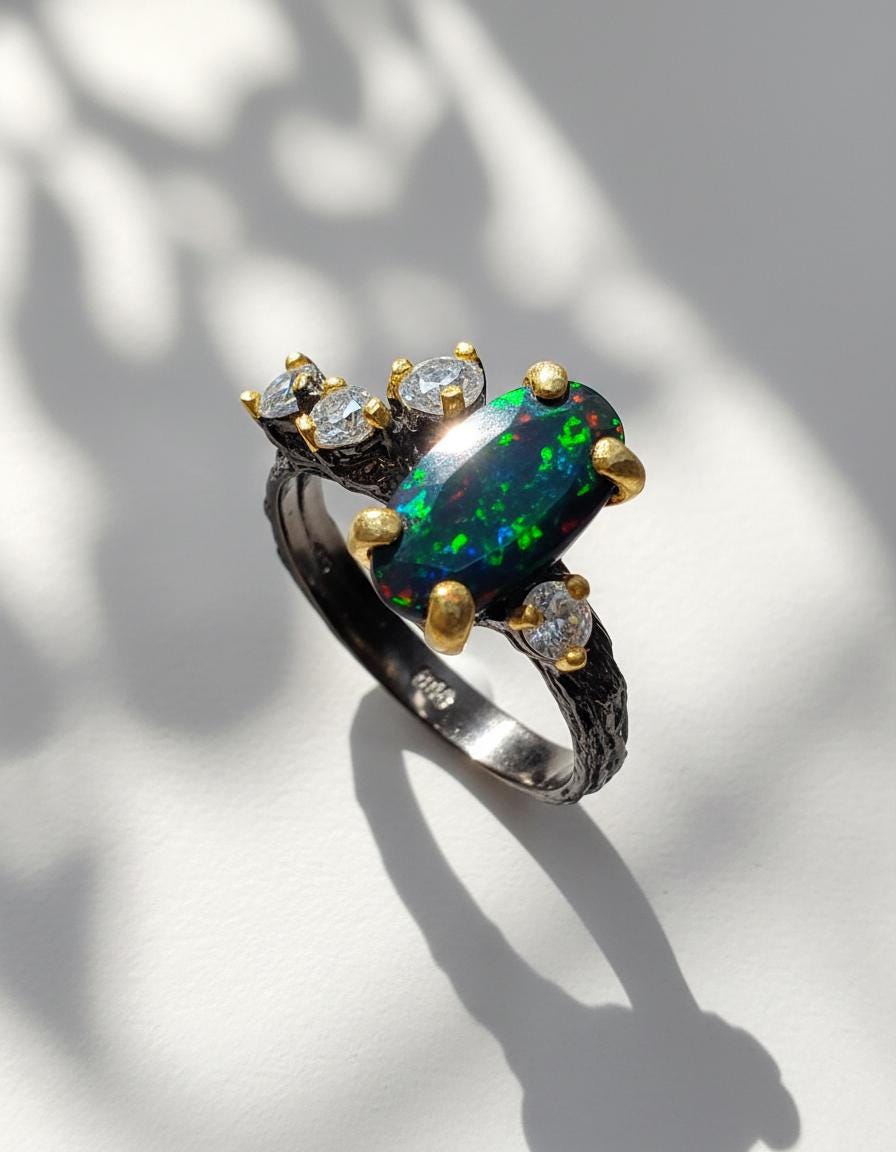 925 Sterling Silver Black Opal Cluster Ring