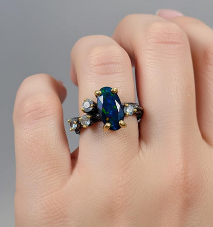 925 Sterling Silver Black Opal Cluster Ring