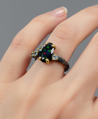 925 Sterling Silver Black Opal Cluster Ring