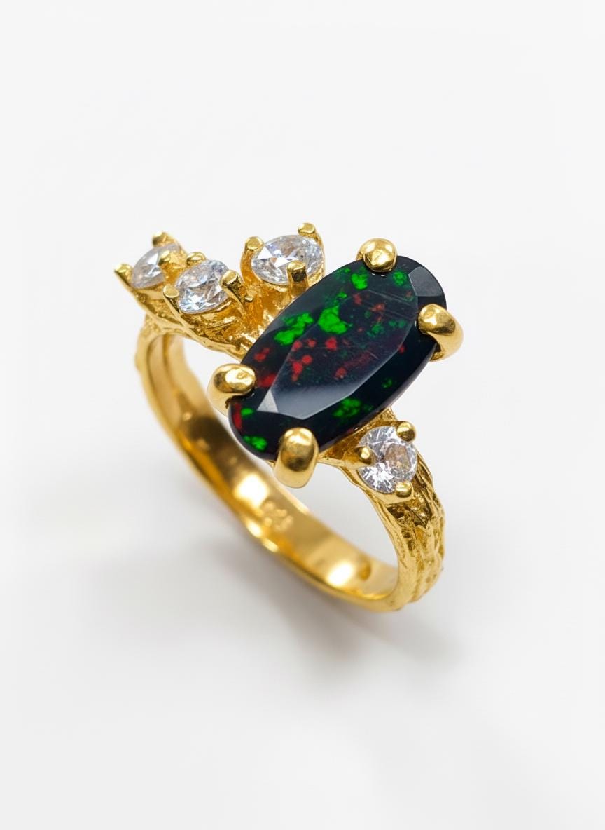 925 Sterling Silver Black Opal Cluster Ring