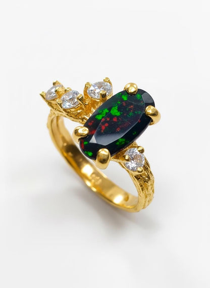 925 Sterling Silver Black Opal Cluster Ring