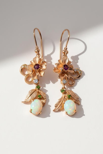 925 Sterling Silver Fire Opal Flower Dangle Earrings