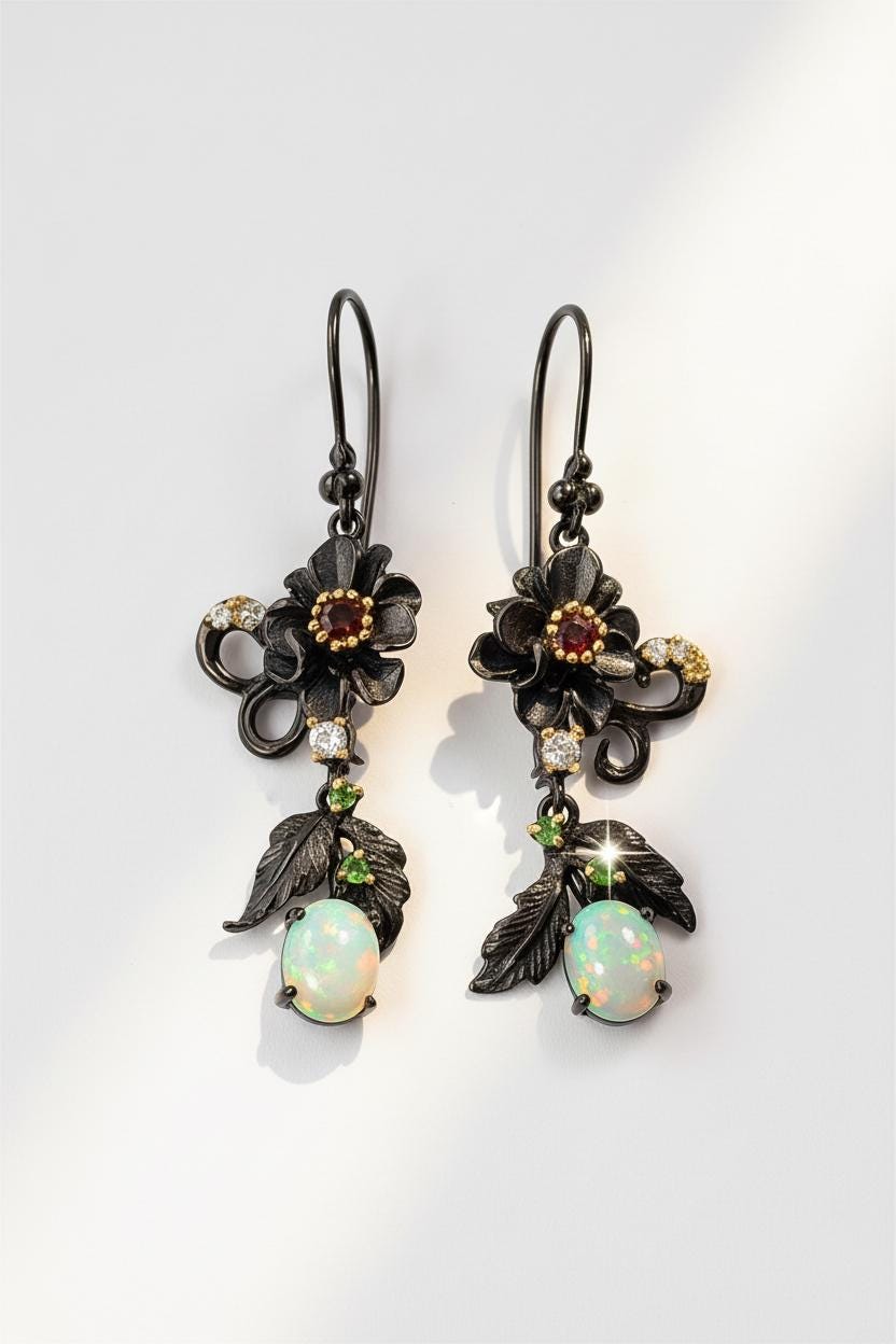 925 Sterling Silver Fire Opal Flower Dangle Earrings