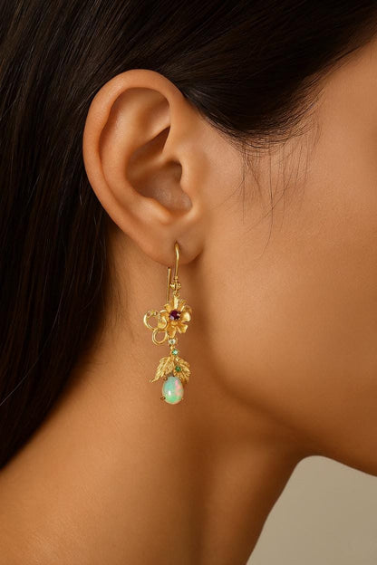 925 Sterling Silver Fire Opal Flower Dangle Earrings