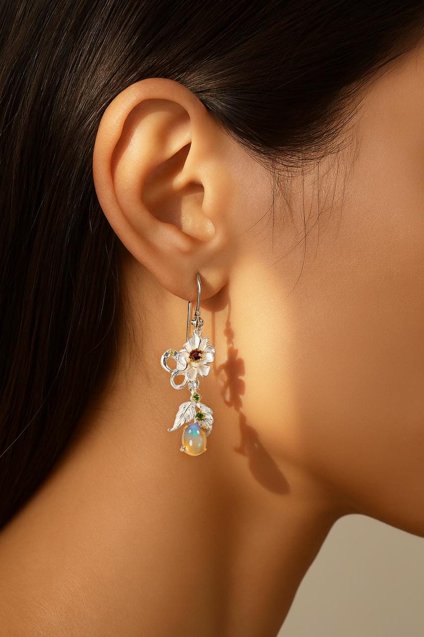 925 Sterling Silver Fire Opal Flower Dangle Earrings