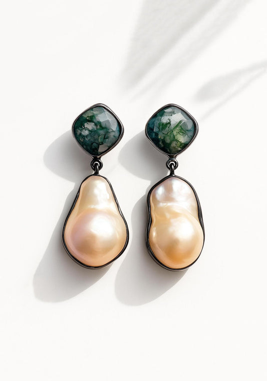925 Sterling Silver Pearl Moss Agate Statement Earrings