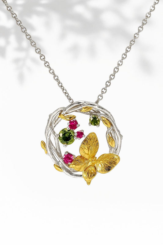 925 Sterling Silver Butterfly Peridot Necklace Set