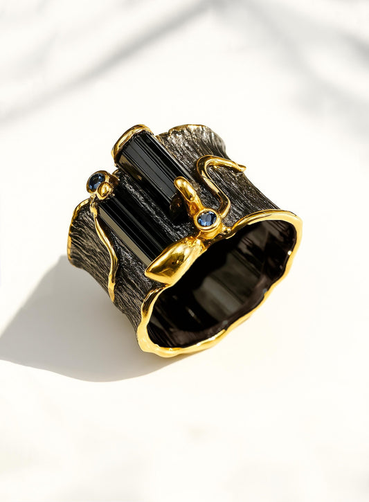 925 Sterling Silver Raw Green Black Tourmaline Bar Ring