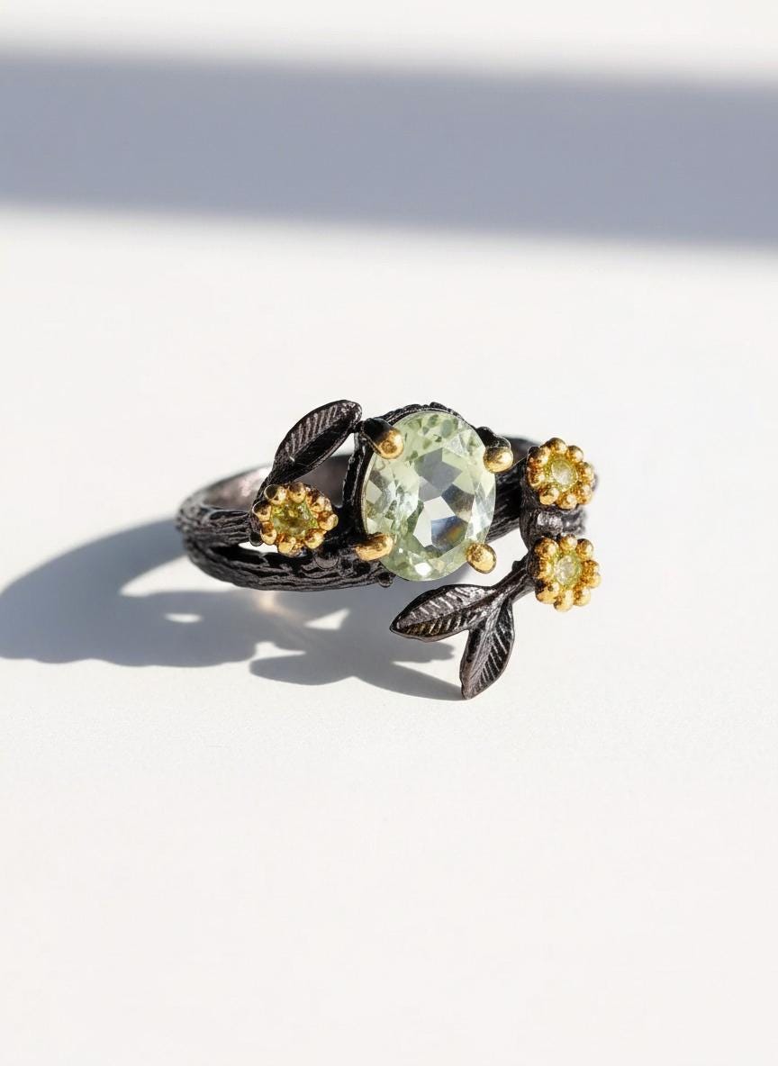 925 Sterling Silver Green Amethyst Leaf Ring