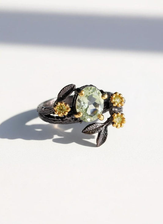 925 Sterling Silver Green Amethyst Leaf Ring