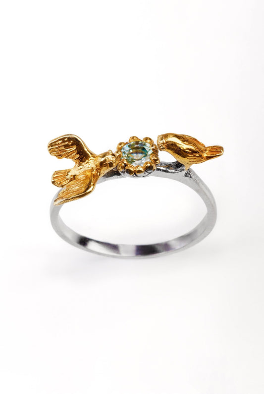 14K Solid Gold Aquamarine Bird Toi et Moi Ring