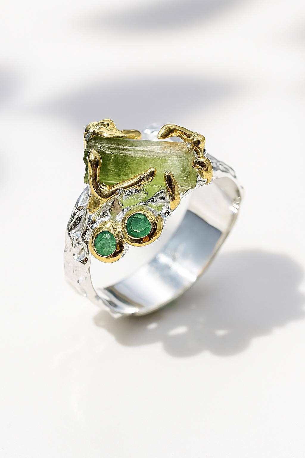 925 sterling silver raw green tourmaline ring