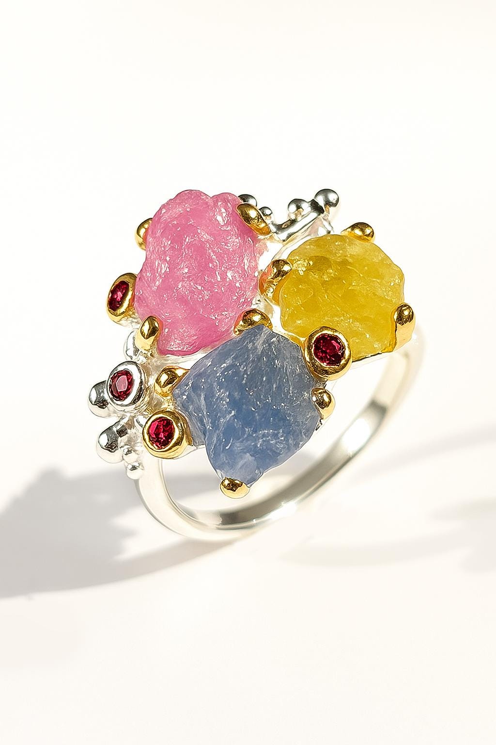 925 sterling silver raw sapphire ruby peridot ring