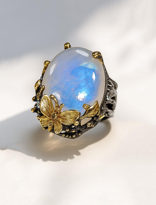 925 Sterling Silver Rainbow Moonstone Butterfly Ring