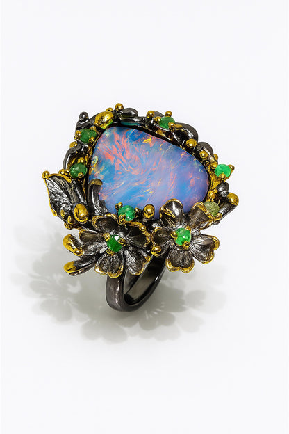 925 Sterling Silver Australian Opal Flower Ring